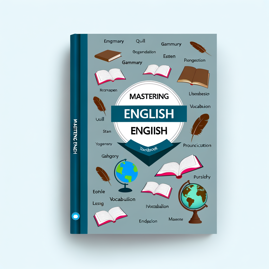 Design a book cover for an English language textbook. It should be academic yet inviting. The cover should have the title 'Mastering English' in bold letters at the center and it should be surrounded by various English literature related icons such as a quill, open book, and a globe. It should also have random English words like 'Grammar', 'Vocabulary', and 'Pronunciation' mixed into the design to reflect the contents of the book.